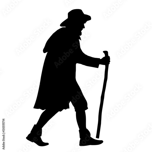 Silhouette of a pilgrim walking with a staff, representing the concept of pilgrimage and spiritual journeys undertaken by believers to sacred locations.