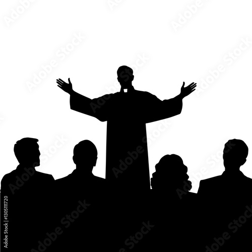 Silhouette of a priest giving a sermon in a church, with an elevated hand holding a book and four people sitting in front of him listening attentively.