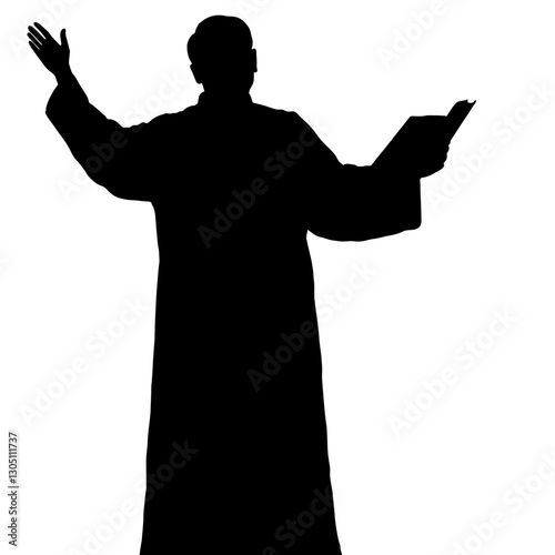 Silhouette of a priest giving a sermon, representing religious preaching in a church setting with an elevated hand holding a book.