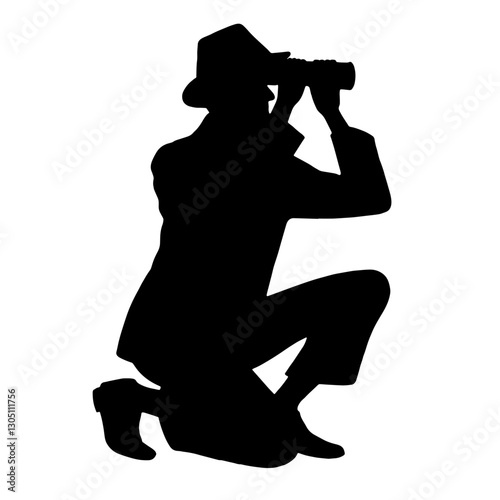 Silhouette of a private investigator spying through binoculars, symbolizing espionage and detective work in secretive investigations.