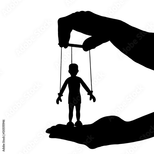 Silhouette of a puppeteer holding a marionette on strings, with the puppet standing on another hand, showcasing the art of puppetry.