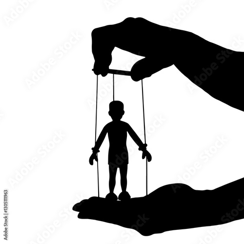  Silhouette of a marionette for puppet shows, held by strings with one hand, representing the creation of handmade puppets for theater.