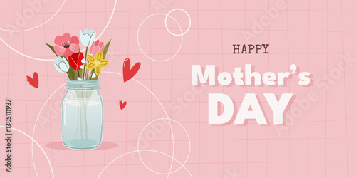 Happy Mother's Day concept. Festive horizontal banner, poster or social media post. Glass jar with a bouquet of various flowers. Cute hand drawn illustration in a flat style. Vector art.