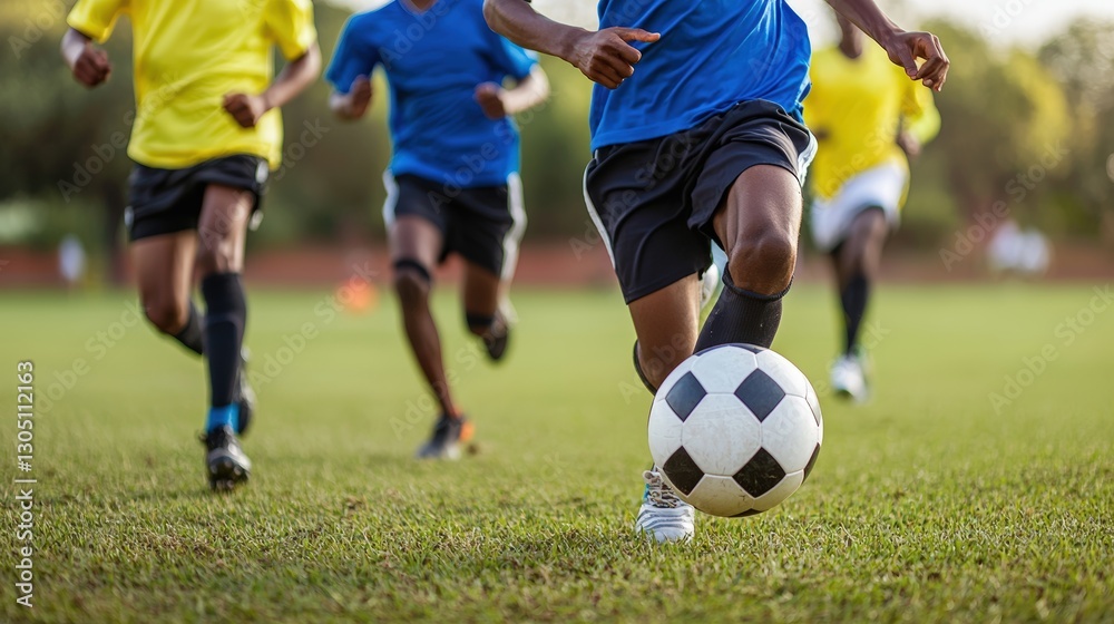 A group of young boys energetically playing soccer on a grass field under a clear blue sky in the afternoon A group of young boys energetically playing soccer on a grass field under a clear blue sky in the afternoon