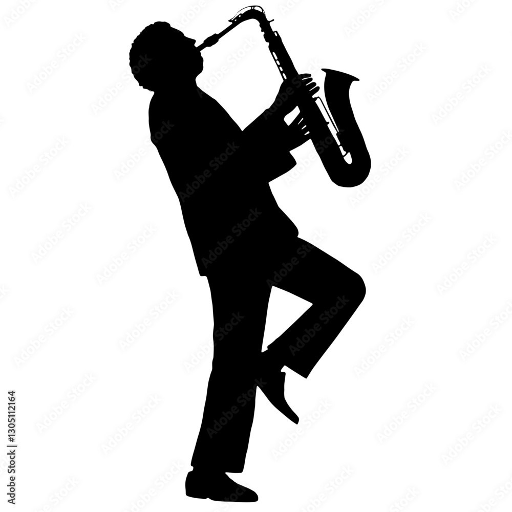 Naklejka premium Silhouette of a saxophonist playing jazz during a musical performance, standing on one leg, with the other bent at the knee, in a marching band.