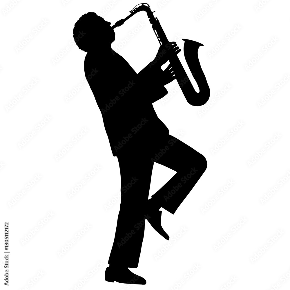 Naklejka premium Silhouette of a saxophonist playing jazz, standing on one leg with the saxophone in mouth, black silhouette on a white background.