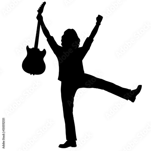 Silhouette of a rock guitarist in a powerful stance during a concert, holding the guitar with one leg lifted in triumph.