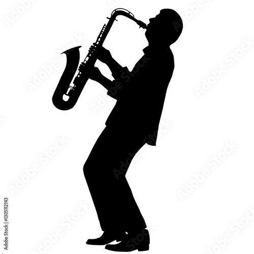 Silhouette of a jazz saxophonist playing passionately, bending backward to create a dynamic impression of musical engagement.