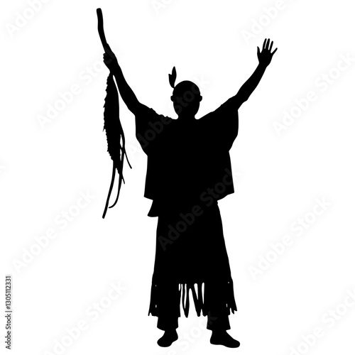 Silhouette of a person performing a ritual worship with raised hands, holding a staff, and wearing traditional attire with fringes and a feathered headdress.