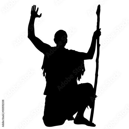 Silhouette of a shaman performing a ritual offering, kneeling with a staff in one hand and raised hand in the other, wearing fringed traditional attire.