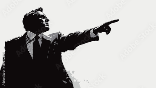 Black and white image of a man in a suit pointing towards the right. The image is high contrast, with the subject sharply defined against a bright, almost overexposed background. The man's