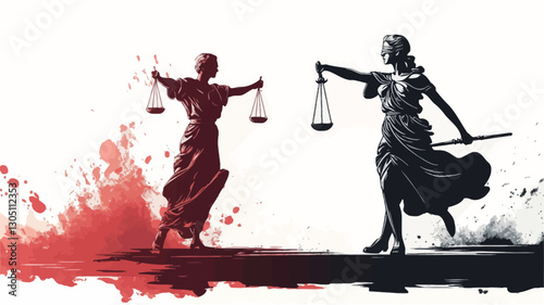 The image is a stylized vector illustration featuring two figures representing Lady Justice. One figure is rendered in red, the other in black. Both figures hold scales of justice.  The red