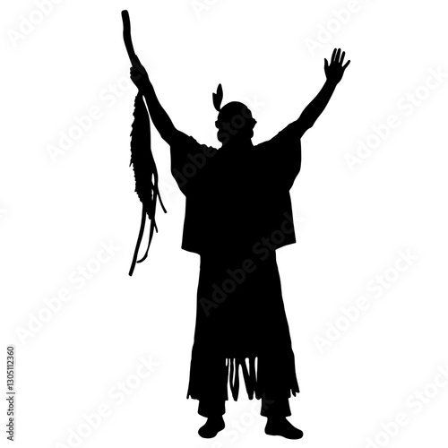 Silhouette of a shaman performing a ritual offering with raised hands, holding a staff or decoration, feathered headdress, and traditional fringed attire.