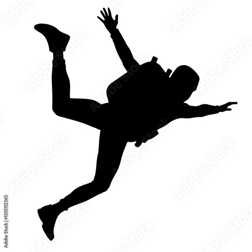 Silhouette of a military skydiver in freefall, jumping from a Somali military plane, representing airborne forces with arms and legs spread, parachute backpack on the back.