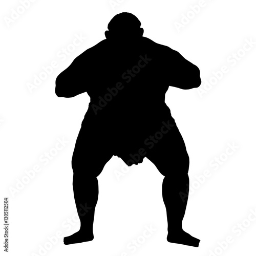 Silhouette of a sumo wrestler in a defensive stance with wide legs and bent arms, emphasizing the powerful and iconic defensive pose of sumo wrestling.