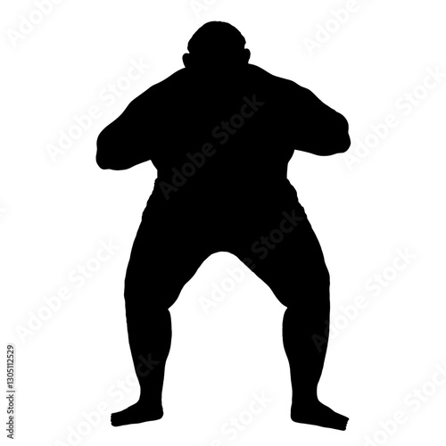 Silhouette of a sumo wrestler in a wide-legged defensive stance, symbolizing traditional sumo wrestling and the preparation for combat in an iconic pose.