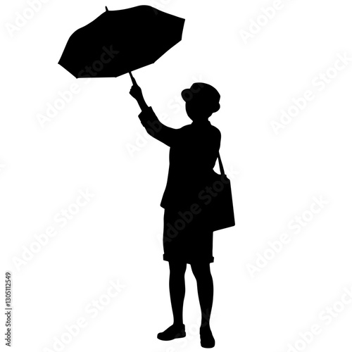 Silhouette of a person holding an umbrella, standing tall in a defensive posture with a bag over the shoulder, representing protection from rain or harsh weather conditions.