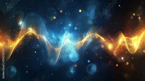 Abstract illustration of radio waves, luminous sound waves propagating in space,
 bright blue and gold tones, energetic background.