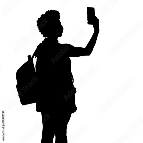 Silhouette of a person taking a selfie with a smartphone, backpacked, in profile, capturing social media moments while traveling through a scenic location.