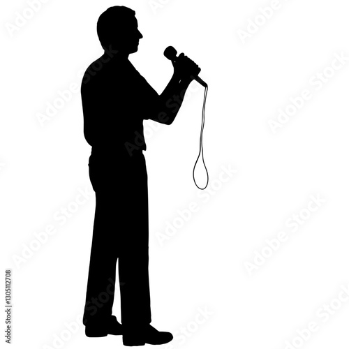 Silhouette of a TV show host holding a microphone in profile, representing a karaoke performance or vocal show, with the microphone cord hanging.