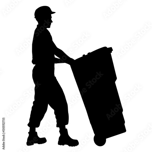 Silhouette of a waste management worker pushing a trash bin, wearing a cap and thick work boots, highlighting the daily tasks of waste disposal.