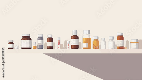 A digital illustration depicting a variety of medicine bottles and containers of different shapes, sizes, and colors arranged in a row on a white shelf against a white background.  The