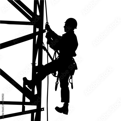 Silhouette of a wind turbine technician climbing a tall metal structure in black and white, symbolizing industrial work at great heights with a focus on safety and energy.