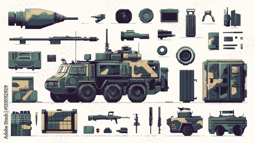 A digital illustration showcasing a detailed flat design of a military vehicle and a variety of associated equipment. The artwork is presented in a pixel art style with a consistent color