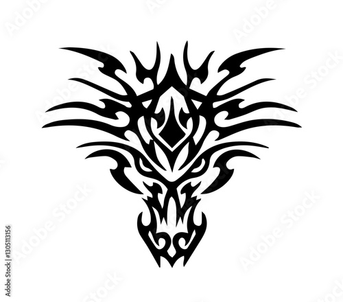 Black and White Tribal Tattoo-Style Drawing of a Bull's Head, Featuring Abstract Curved, Pointed Lines Emphasizing the Power and Strength of Wild Animals, Aggression and Dominance.