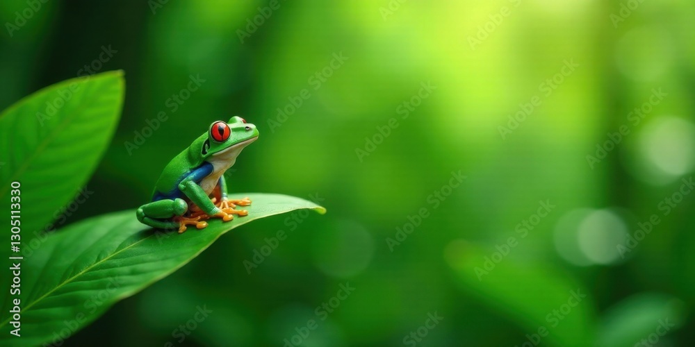 Fototapeta premium Vibrant Green Frog Perched on Lush Leaf in a Tranquil Natural Setting