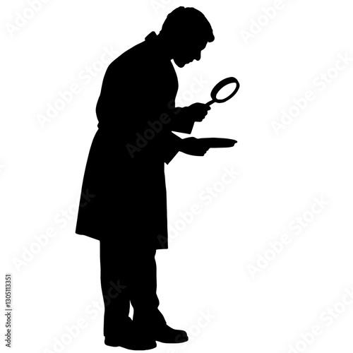 Silhouette of a Biologist in a Medical Lab Coat Examining an Experiment with a Magnifying Glass in One Hand, a Metal Container in the Other, Medical Research, Scientific Exploration.