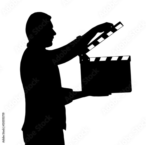 Silhouette of a Clapperboard Operator Marking a Film Take, Standing in Profile with the Clapperboard Raised, Representing the Film Production Process and Movie Set Operations.

