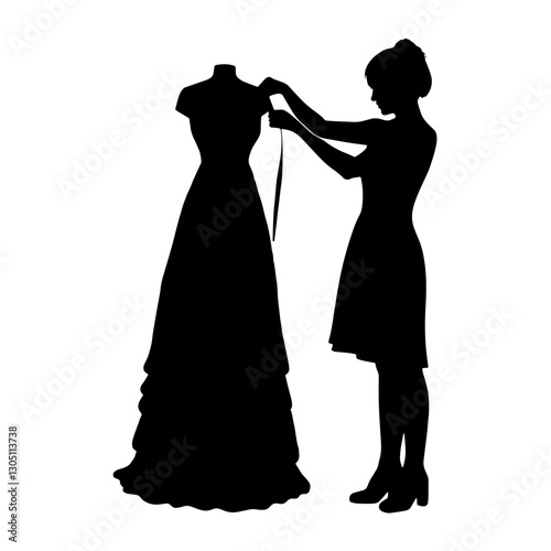 Silhouette of a Costume Designer Measuring a Dress on a Mannequin with a Measuring Tape, Reflecting the Careful Crafting of Fashion Pieces and the Precision in Tailoring Process.

