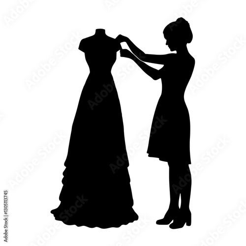 Silhouette of a Costume Designer Working on a Long Dress on a Mannequin, Adjusting and Refining the Garment, Representing Precision and Expertise in the Fashion Industry.

