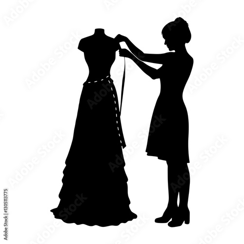 Silhouette of a Costume Designer, Standing Next to a Mannequin Wearing a Long Dress, Measuring with a Tape, Reflecting the Art of Fashion Tailoring and Precise Garment Fitting.


