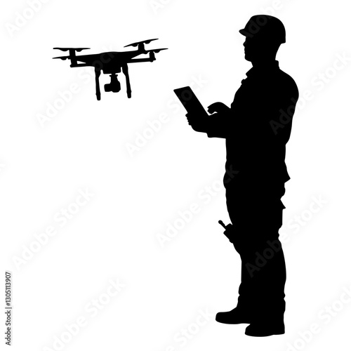 Silhouette of a Drone Pilot Instructor Wearing a Helmet, Operating a Drone with a Tablet or Remote Control, Modern Role of Drone Training, Aerial Navigation Skills in Technology, Aviation.