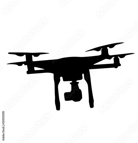 Silhouette of a Quadcopter Drone with Four Propellers, Featuring a Suspended Camera, Representing Aerial Surveillance, Photography, and Technology in Flight with Focused Precision in Black and White.
