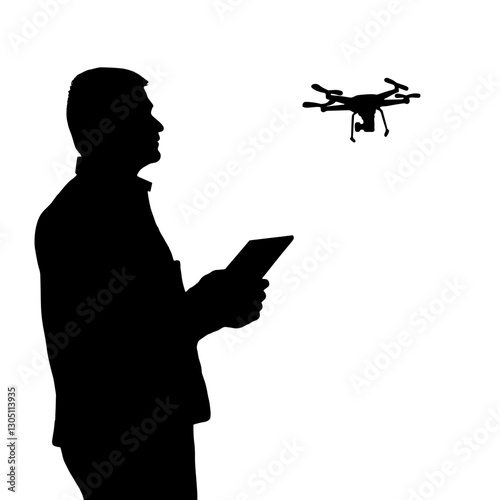 Silhouette of a Drone Pilot Instructor Testing Modern Technology, Holding a Remote Control or Tablet, Watching a Drone Fly in Front of Him, in Black, White, Demonstrating Professional Drone Control.