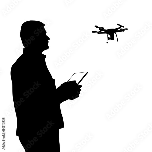 Silhouette of a Drone Operator Mapping an Area, Holding a Remote Control or Tablet, with a Drone Flying in Front of Him, in Black, White, Representing Aerial Surveying, Technology Use in Mapping.