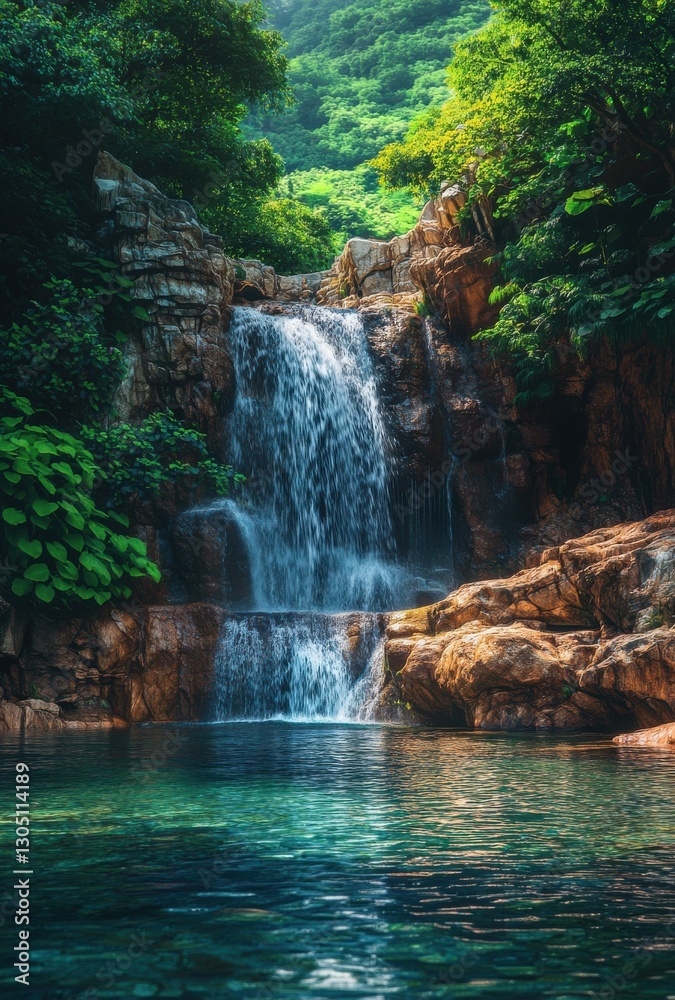 Fototapeta premium Serene Waterfall Flowing Over Rocks Surrounded by Lush Greenery in a Tranquil Natural Setting with Clear Blue Water