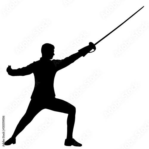 Silhouette of a Fencer in a Stance, Holding a Sword in One Hand with a Defensive Pose, Representing Fencing as a Sport of Strategy, Precision, and Athleticism.

