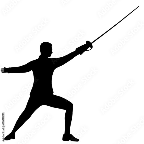 Silhouette of a Fencer in a Lunge, Holding a Sword in Outstretched Arm with a Defensive Pose, Representing the Sport of Fencing and the Art of Combat.

