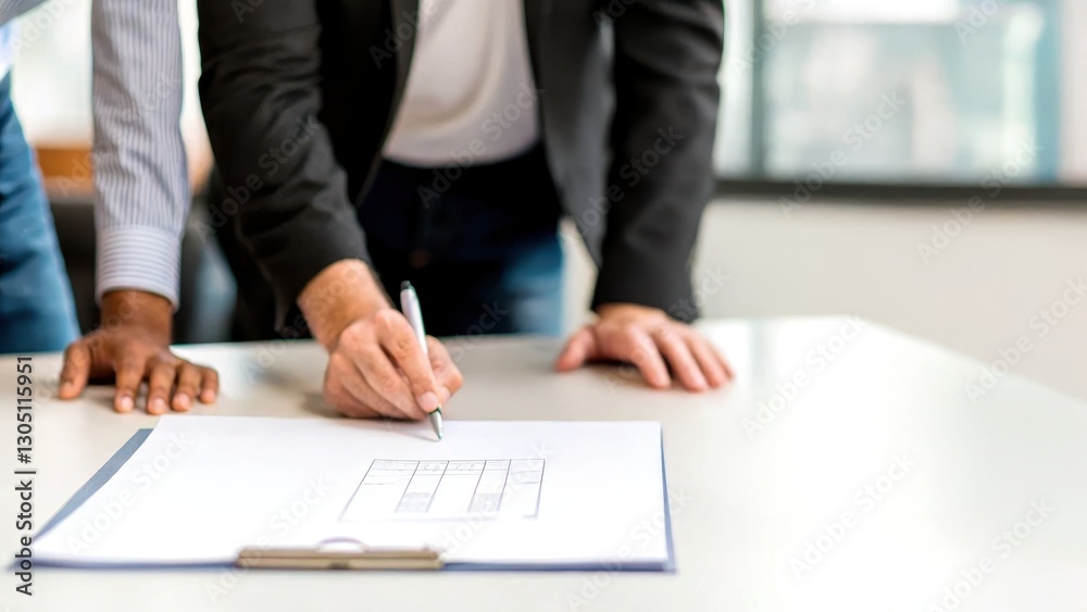 Two professionals collaborating on a project while sketching on a notepad in an office setting. Two professionals collaborating on a project while sketching on a notepad in an office setting.