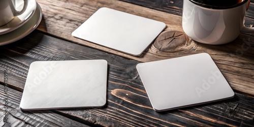 Three white square coasters mockup arranged on a rustic wooden table with warm lighting. High-resolution template for branding, beverage marketing, and product design presentation.