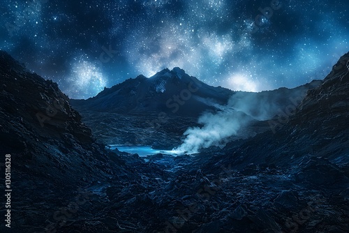 Mysterious volcanic landscape under a starry sky at night