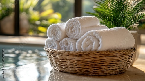 Rolled white towels in basket by poolside with spa background