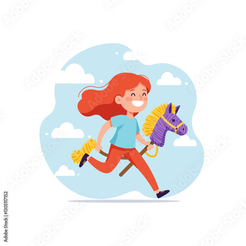 Girl Running with Hobby Horse Toy Having Fun Outdoors Illustration