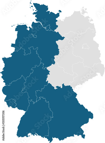 map of germany with 16 separated federal states, east gray and west germany in blue 