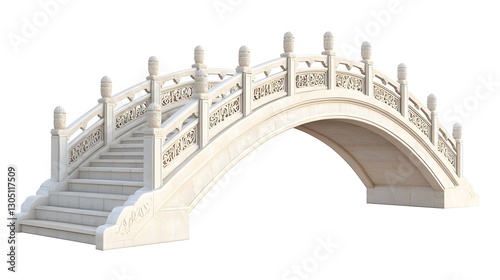 Ornate Traditional Chinese Stone Bridge Isolated on White Background
