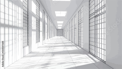 The image depicts a long, straight corridor rendered entirely in shades of white.  Sunlight streams in through large, regularly spaced windows along both sides of the hallway, casting